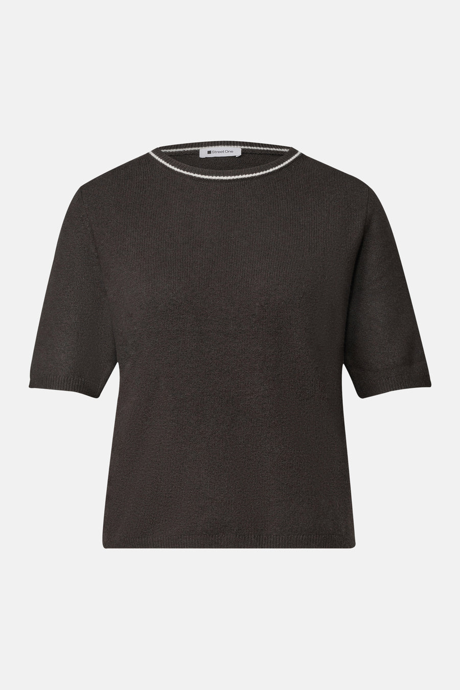 Brown short-sleeve ribbed knit sweater with white trim neckline by STREET ONE, front view