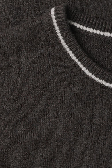 Brown crewneck sweater by STREET ONE with white ribbed trim, close-up view showing textured knit fabric.