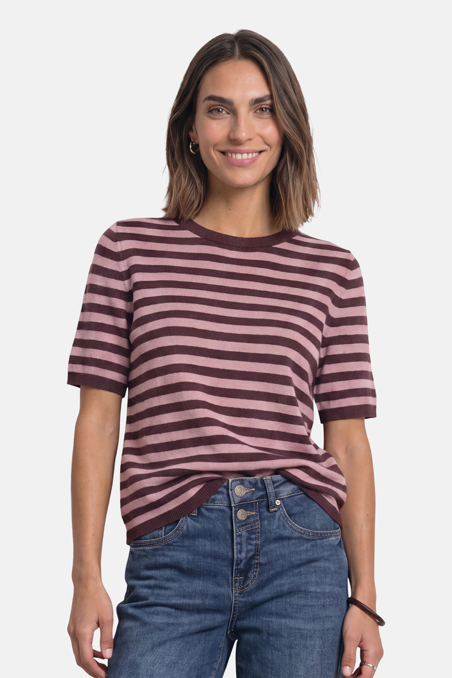 Brown and pink striped short-sleeve round-neck sweater by STREET ONE, worn with blue jeans, front view