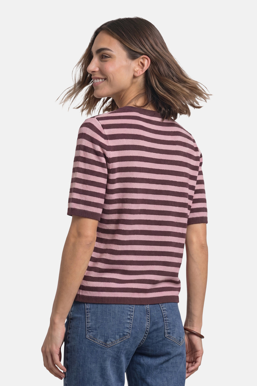 Brown and pink striped short-sleeve round-neck sweater by STREET ONE, shown from back view on model wearing blue jeans.