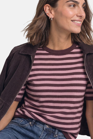 Brown and pink striped round-neck sweater by STREET ONE, worn with corduroy jacket, side view, casual styling