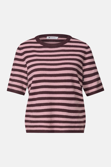 Brown and pink striped round-neck sweater by STREET ONE, short sleeves, ribbed trim, front view