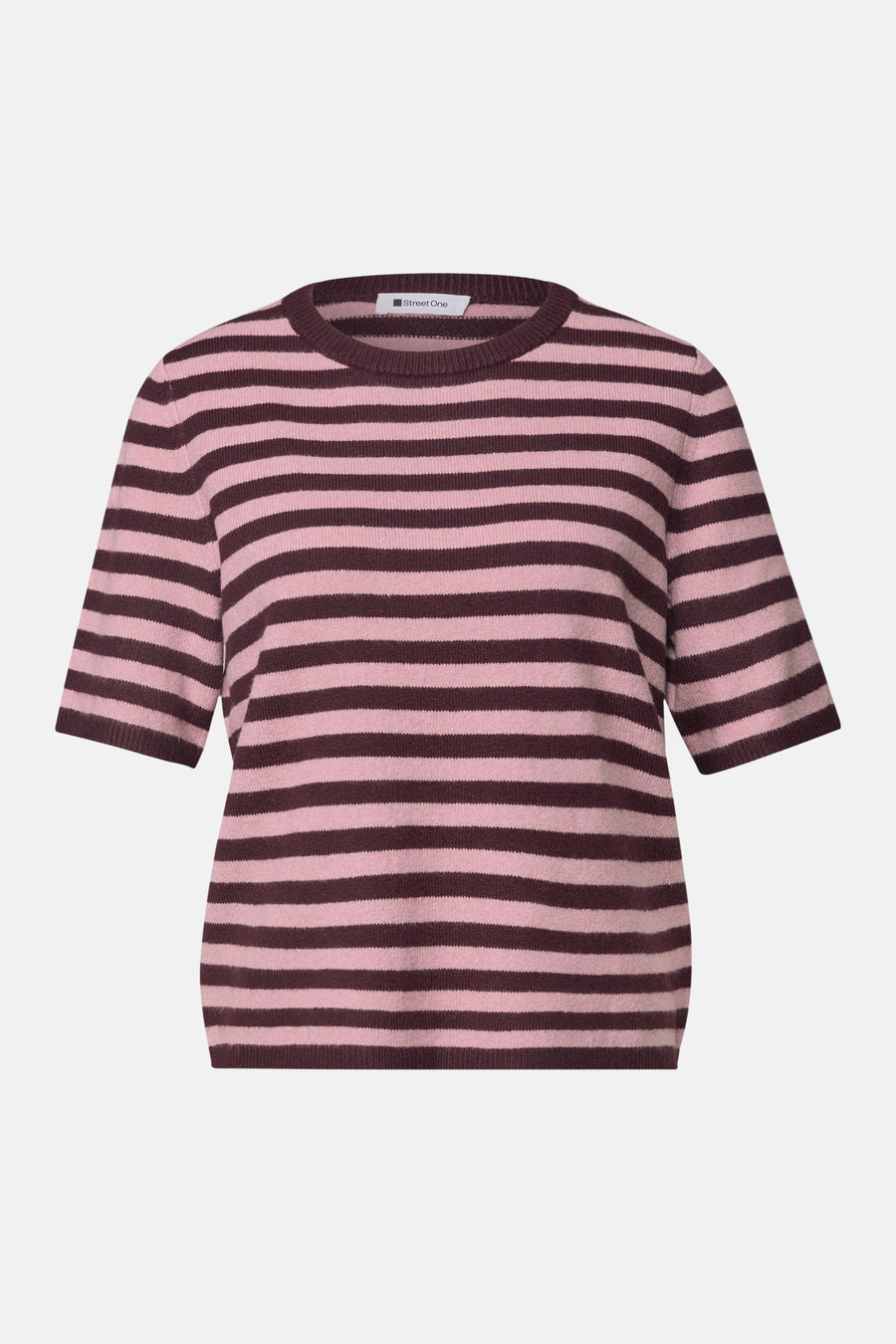 Brown and pink striped round-neck sweater by STREET ONE, short sleeves, ribbed trim, front view