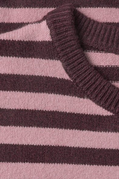 Brown and pink striped round-neck sweater by STREET ONE, featuring ribbed cuffs and textured knit pattern, close-up view.