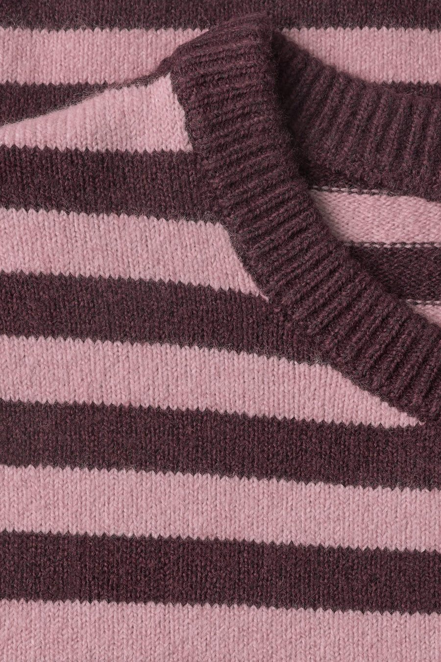 Brown and pink striped round-neck sweater by STREET ONE, featuring ribbed cuffs and textured knit pattern, close-up view.