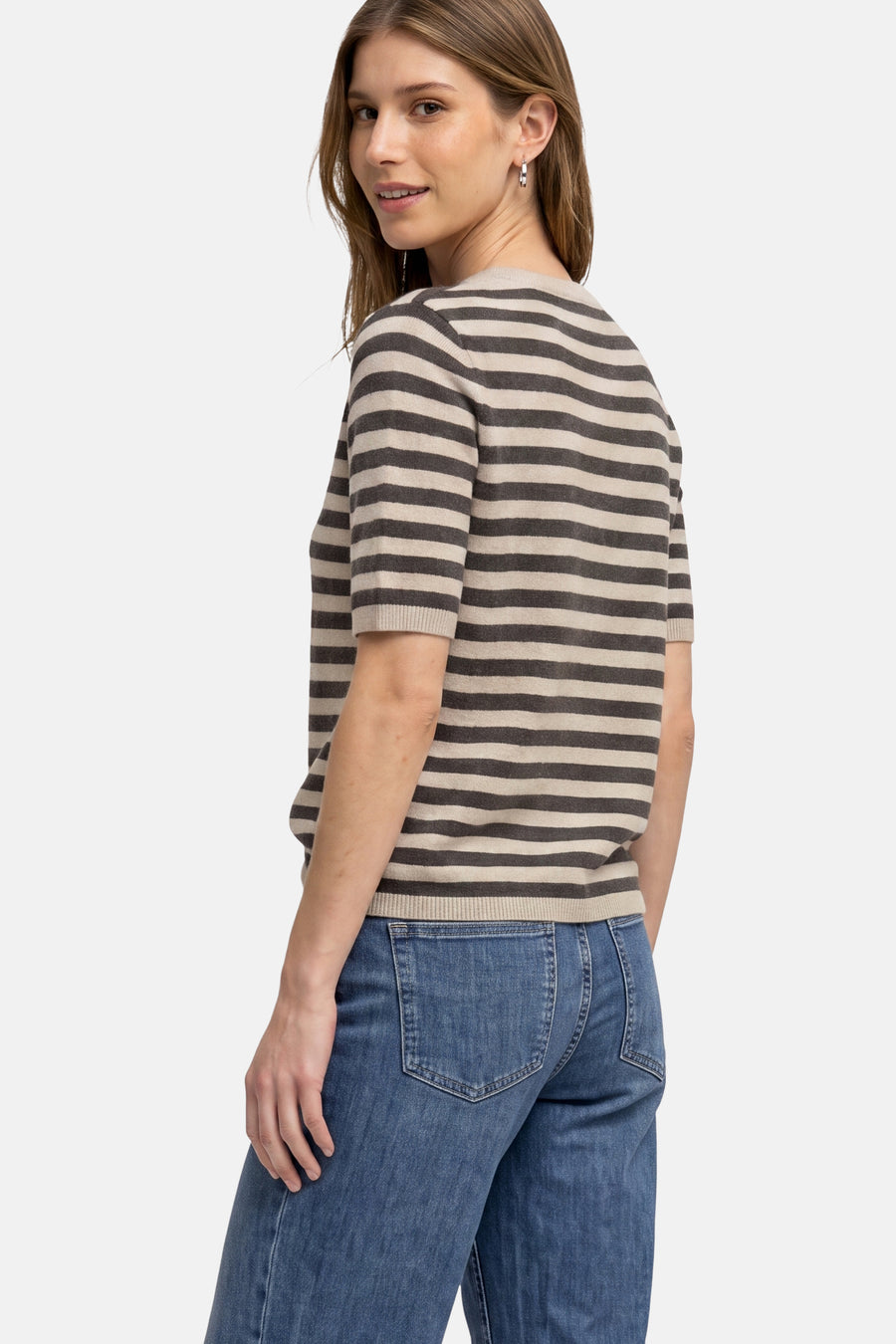 Multicolored striped round-neck sweater by STREET ONE, side view, ribbed cuffs and hem, worn with blue jeans