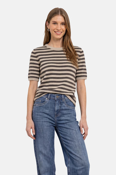 Multicolored striped short-sleeve round-neck sweater by STREET ONE, worn with blue jeans, front view