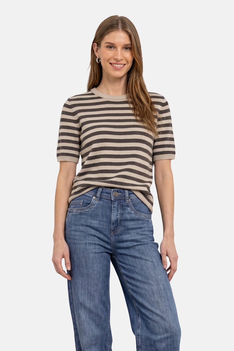 Multicolored striped short-sleeve round-neck sweater by STREET ONE, worn with blue jeans, front view