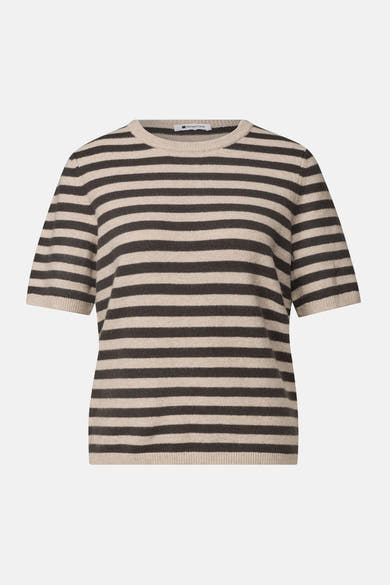 Multicolored striped short-sleeve crewneck sweater by STREET ONE, featuring beige and dark gray horizontal stripes, ribbed trim, front view.