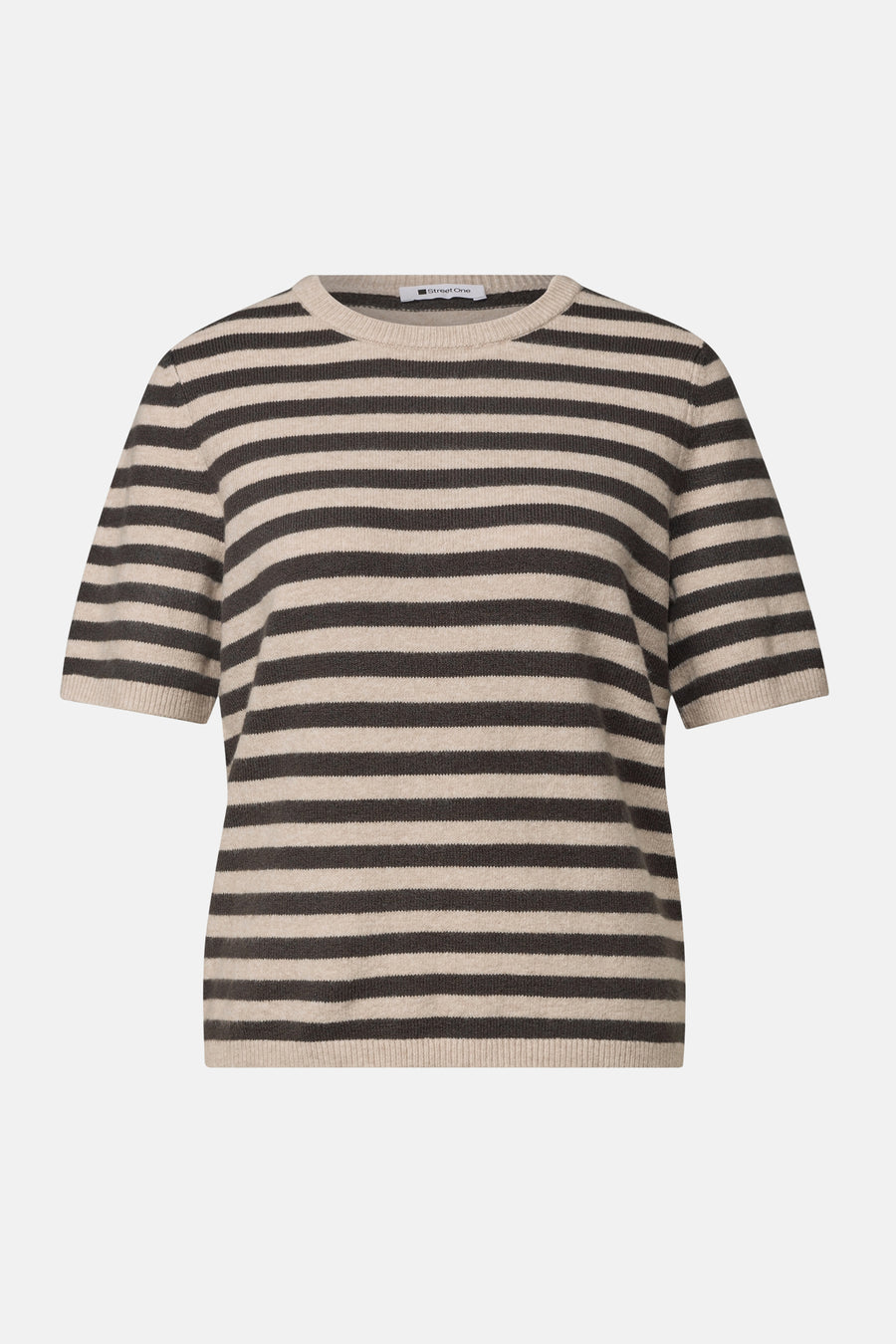 Multicolored striped short-sleeve crewneck sweater by STREET ONE, featuring beige and dark gray horizontal stripes, ribbed trim, front view.