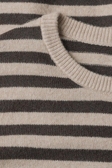 Multicolored striped round-neck sweater by STREET ONE, featuring beige and dark gray horizontal stripes with ribbed neckline, close-up view.