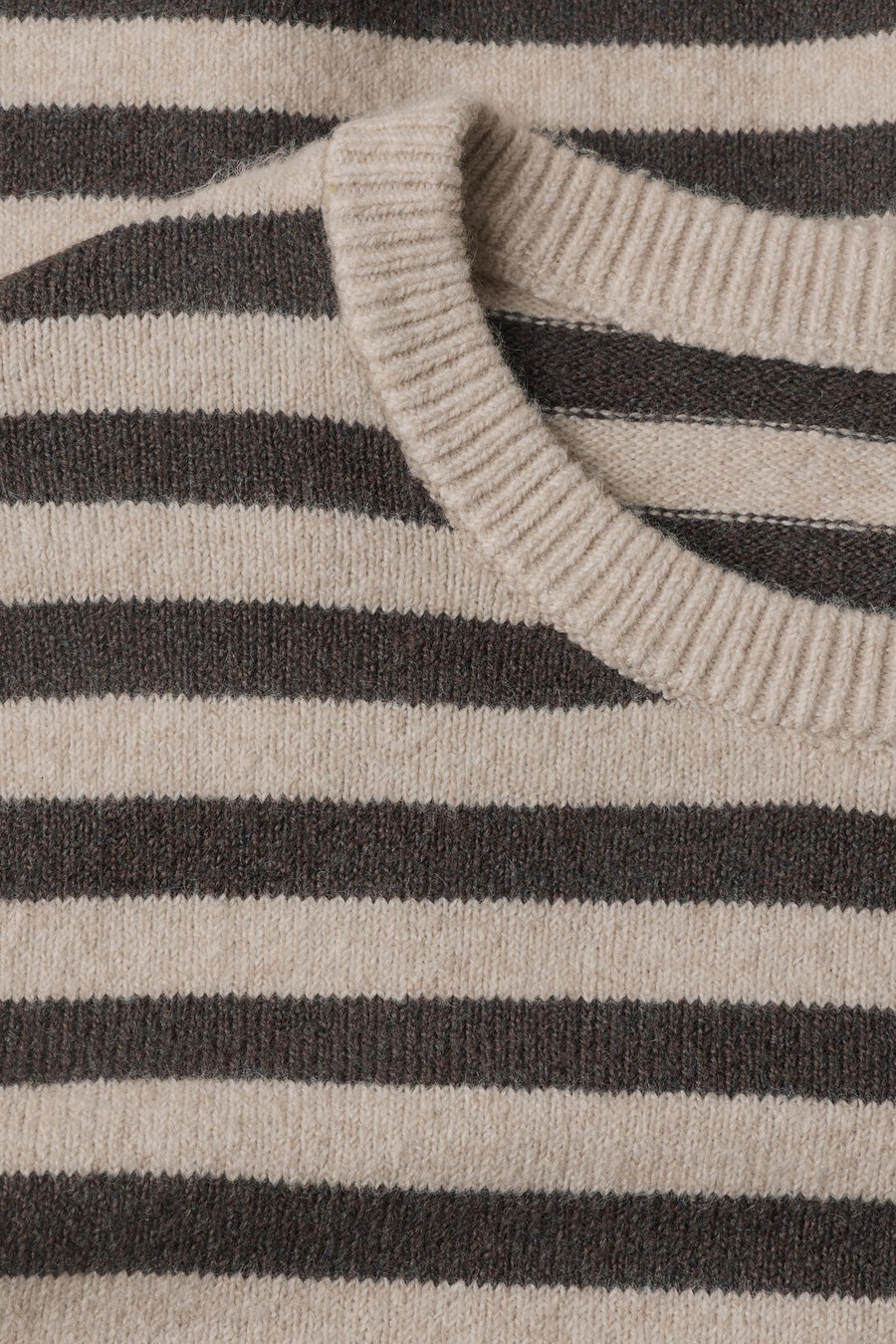 Multicolored striped round-neck sweater by STREET ONE, featuring beige and dark gray horizontal stripes with ribbed neckline, close-up view.