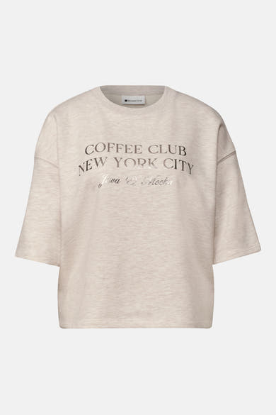 Beige crewneck sweatshirt by Street One with metallic "Coffee Club New York City" text and cursive "Java & Mocha" detail, front view