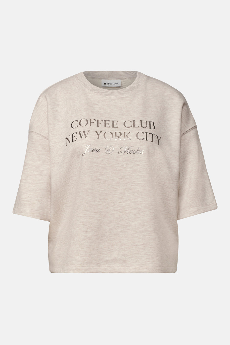 Beige crewneck sweatshirt by Street One with metallic "Coffee Club New York City" text and cursive "Java & Mocha" detail, front view