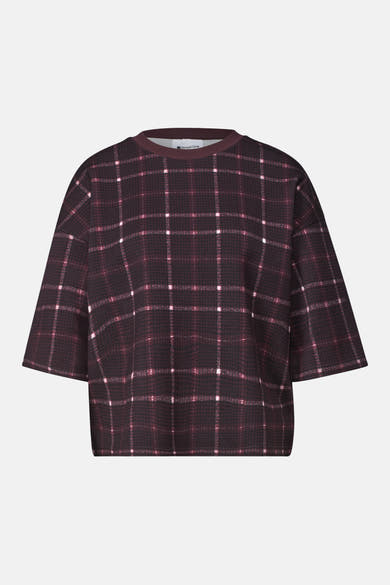 Multicolored plaid sweatshirt with round neckline by Street One, featuring short sleeves and a relaxed fit, front view.