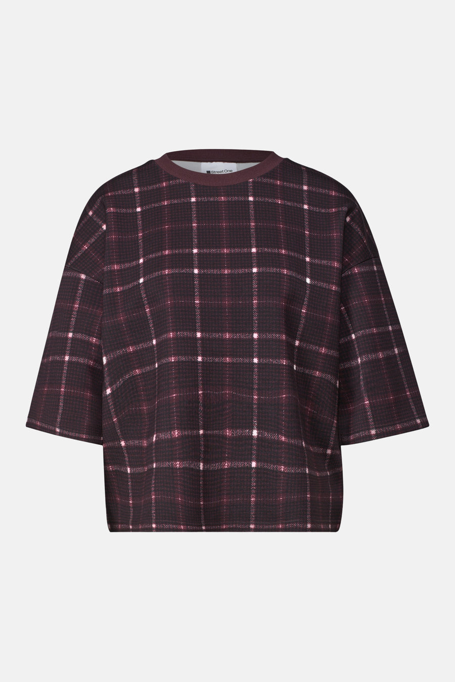 Multicolored plaid sweatshirt with round neckline by Street One, featuring short sleeves and a relaxed fit, front view.