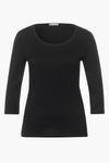 T-shirt noir de STREET ONE avec manches trois quarts et encolure dégagée sur fond blanc.