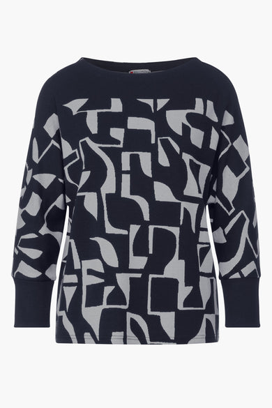 T-shirt bleu à motifs géométriques gris de Street One, manches trois-quarts avec poignets côtelés.