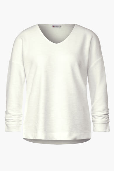 Ecru T-shirt van Street One, met lange mouwen en V-hals, met een wafelstructuur.