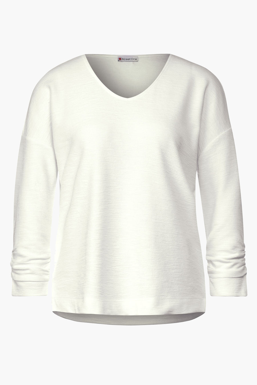 Ecru T-shirt van Street One, met lange mouwen en V-hals, met een wafelstructuur.