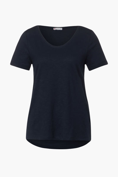 T-shirt bleu de STREET ONE, uni avec encolure arrondie et manches courtes.
