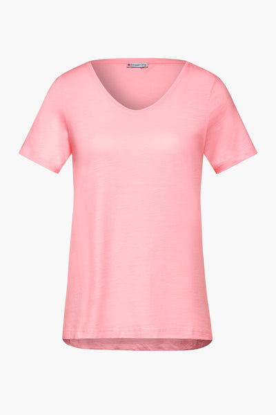 T-shirt à manches courtes pêche de Street One, coupe décontractée et col en V.
