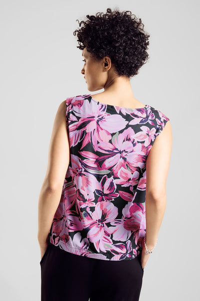 Top sans manches rose by STREET ONE, imprimé floral rose et violet sur fond noir.