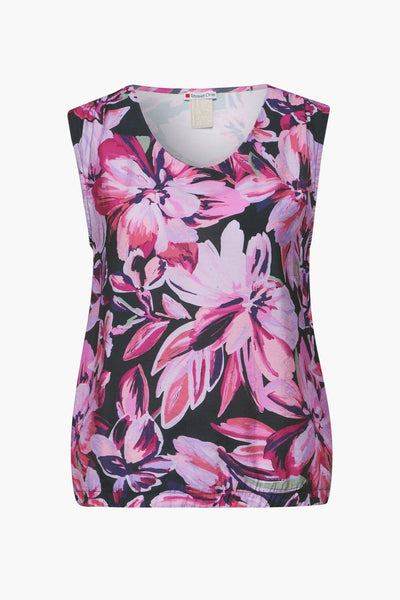 Top sans manches rose de Street One, à motif floral rose et noir.

