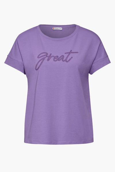 T-shirt violet à manches courtes de Street One, avec inscription décorée de strass.
