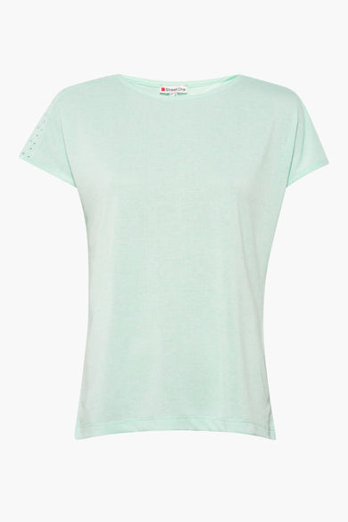 T-shirt uni vert à manches courtes de STREET ONE, avec des perforations décoratives aux épaules.
