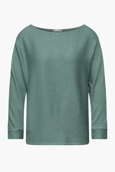 Groen T-shirt met lange mouwen van Street One, met een zichtbare wafelstructuur.