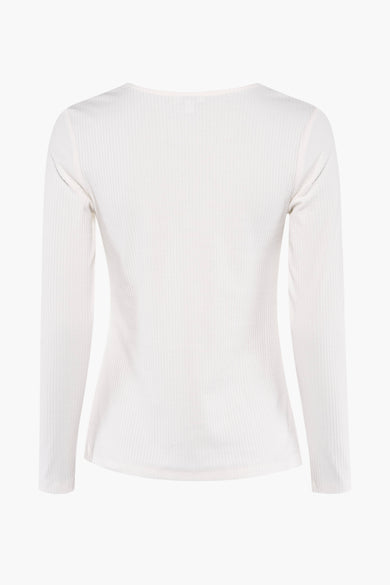 Ecru longsleeve T-shirt van STREET ONE, in fijne ribgebreide stof, van achteren gezien.