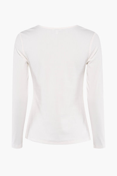 Ecru longsleeve T-shirt van STREET ONE, in fijne ribgebreide stof, van achteren gezien.