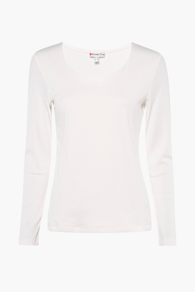 Ecru longsleeve T-shirt van Street One, in ribgebreide stof.