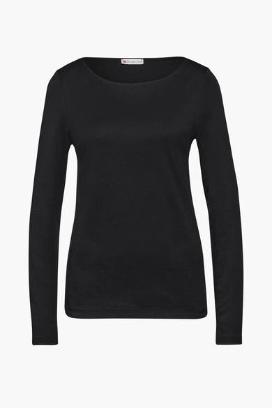 Zwart T-shirt met lange mouwen van Street One, effen en met boothals.