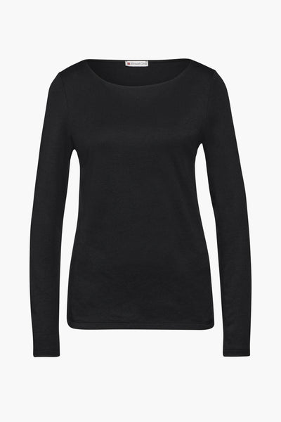 Zwart T-shirt met lange mouwen van Street One, effen en met boothals.