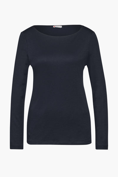 Blauwe T-shirt met lange mouwen van Street One, effen, gepresenteerd op een witte achtergrond.