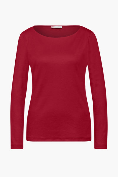 Rood T-shirt met lange mouwen van STREET ONE, effen, met boothals, op een witte achtergrond.