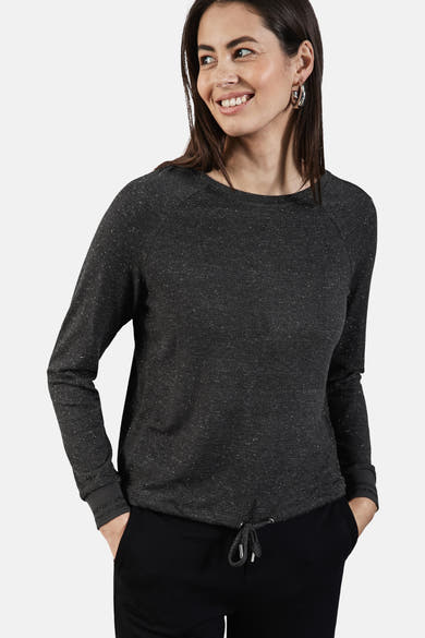 Grijze T-shirt met lange mouwen van Street One, met glinsterende details en een trekkoord in de taille.