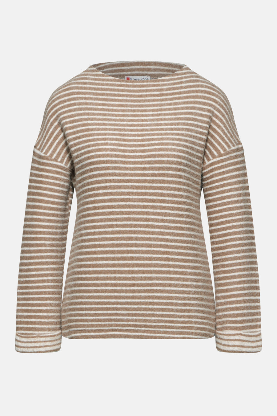 Beige gestreept T-shirt met lange mouwen van Street One, met een patroon van horizontale strepen.