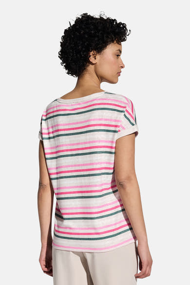 T-shirt à manches courtes multicolore de Street One, à rayures roses et vertes sur fond blanc.