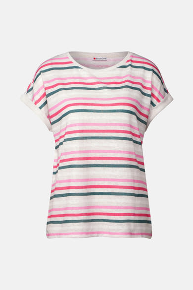 T-shirt à manches courtes multicolore de Street One, à rayures horizontales roses, vertes et blanches.