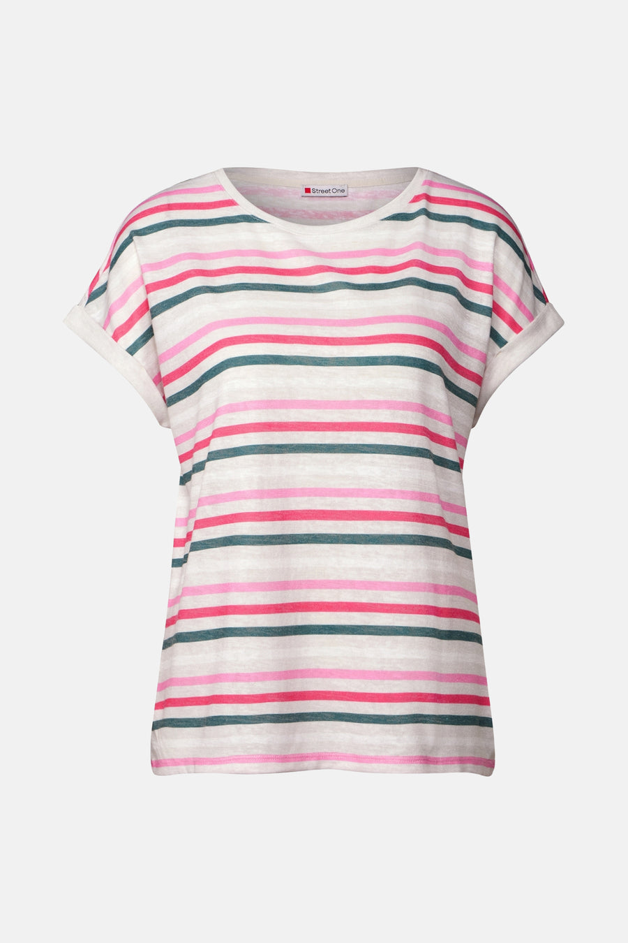 T-shirt à manches courtes multicolore de Street One, à rayures horizontales roses, vertes et blanches.