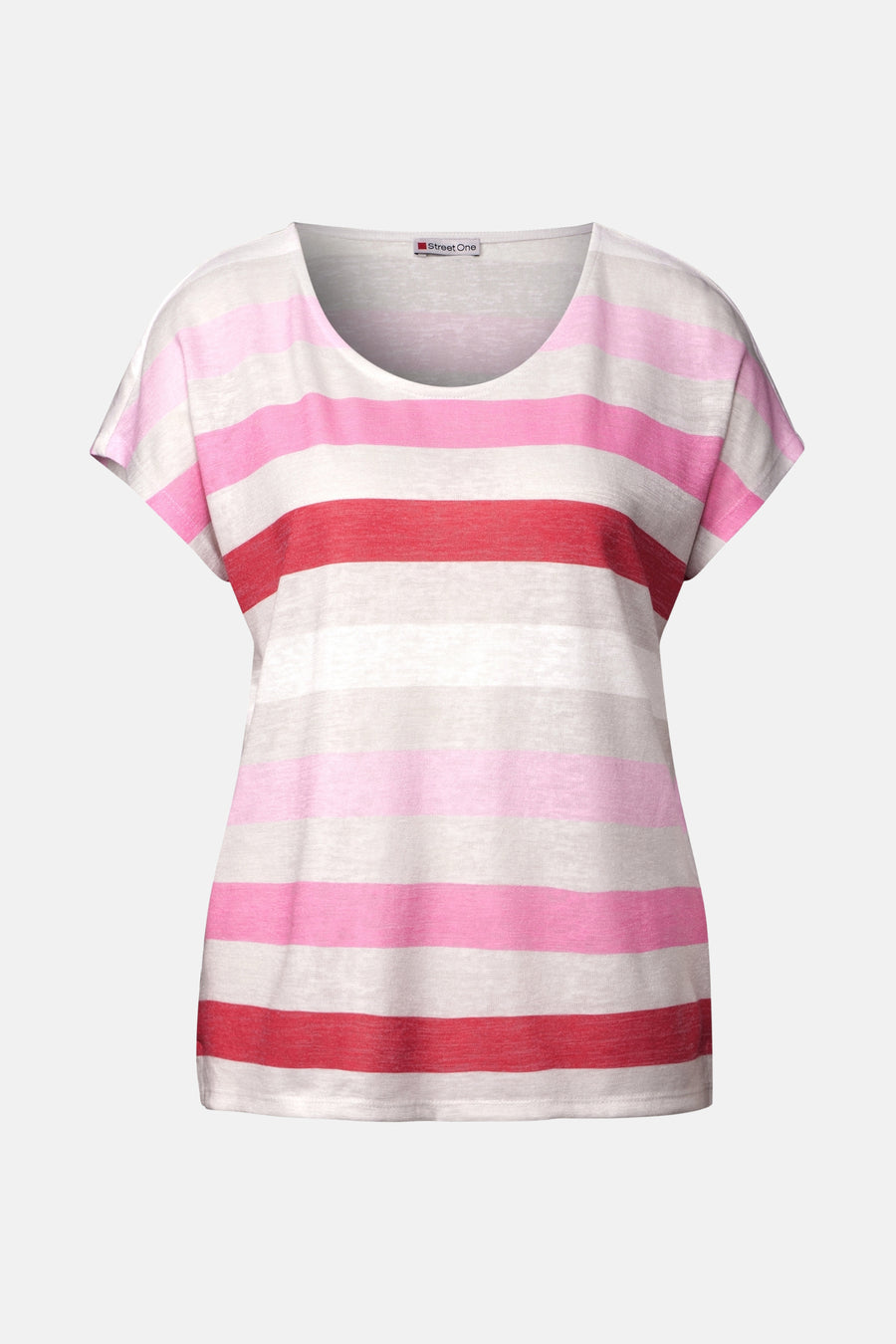 T-shirt à manches courtes multicolore de Street One, à rayures roses, rouges et crème.