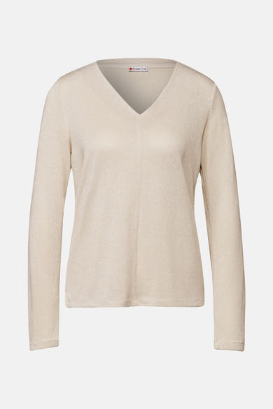 Top met lange mouwen beige van STREET ONE, met een fijne textuur en V-hals.