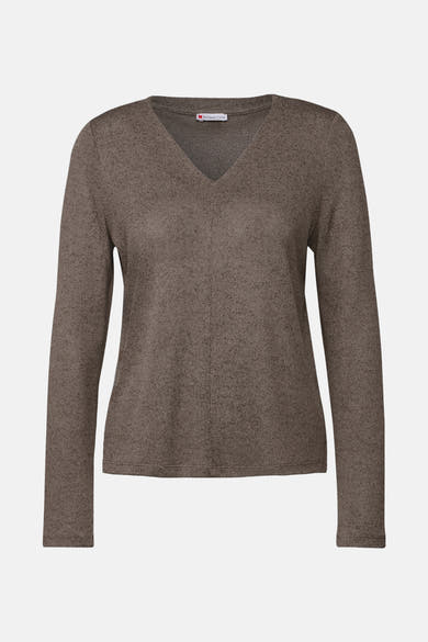 Top met lange mouwen bruin van Street One, in fijne breitechniek en met een discrete V-hals.