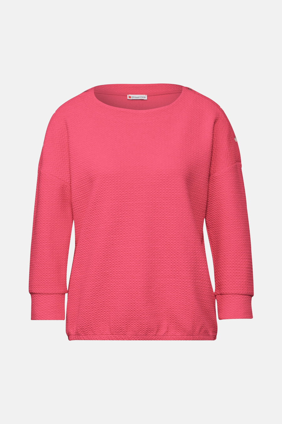 Koraalkleurig T-shirt met lange mouwen van Street One, getextureerd met decoratieve knopen op de schouders.