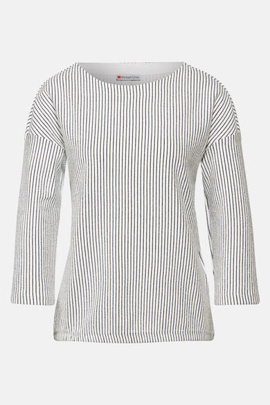 Wit gestreept zwart T-shirt met lange mouwen van Street One, met boothals en driekwartmouwen.