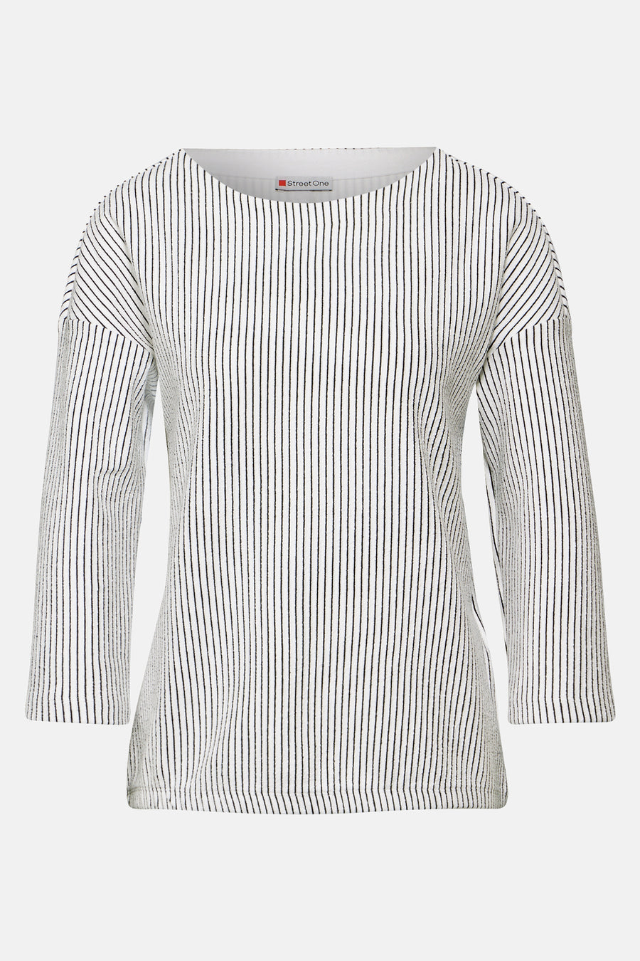 Wit gestreept zwart T-shirt met lange mouwen van Street One, met boothals en driekwartmouwen.