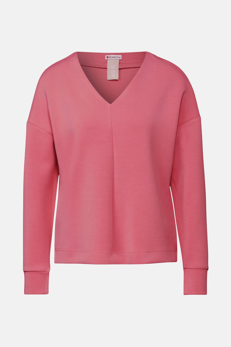 Koraalkleurig T-shirt met lange mouwen van Street One, met een V-hals en een gladde textuur.
